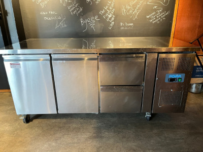 Polar 2 Door & 2 Drawer Stainless Steel Refrigerated Prep Counter, Model GD874-02, S/N 23013799. Size H85 x W180 x D70cm.