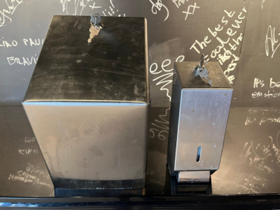Jantex Stainless Steel Blue Roll Dispenser & Soap Dispenser.