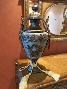 Solid Marble Stone & Cast Bronze Ornamental Urn. Size H72cm.