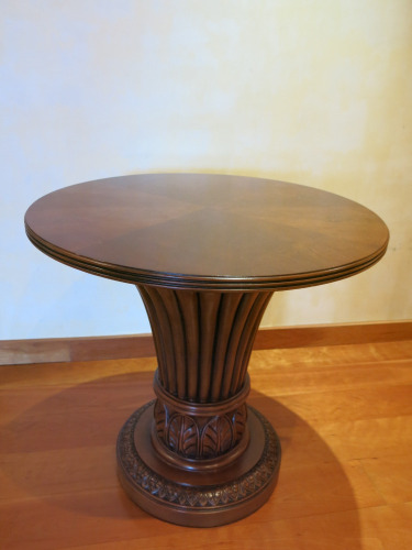 Dark Wood Ornate Round Side Table. Size H63 x Dia 68cm.