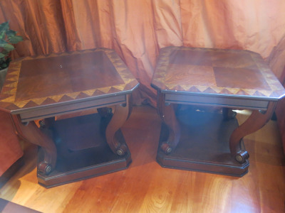 Pair of Dark Wood Side Tables on Scroll Legs with Open Storage Under.