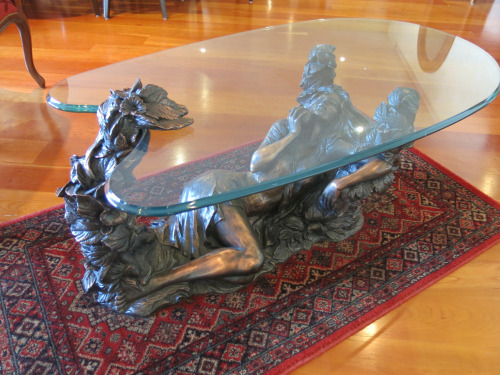 Mobasa Cast Bronze Lady Glass Top Coffee Table, Made in Spain. Size H45 x W120 x D65cm.