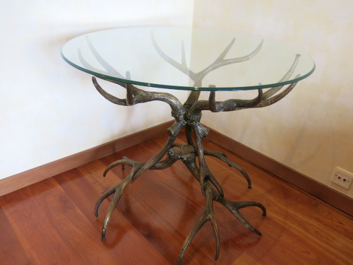 Glass Topped Round Table on Cast Bronze Antler Base. Size Dia 92cm.