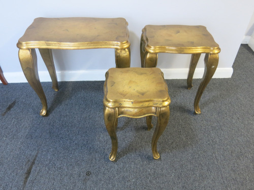 Nest of 3 Gold Leaf Effect, Wooden Side Tables. Large Size H56 x 60 x 38cm.