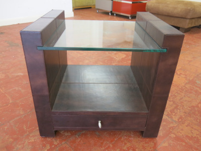 Faux Leather Wrapped & Glass Shelf with Draw Bedside Cabinet. Size H52 x W55 x D46cm.