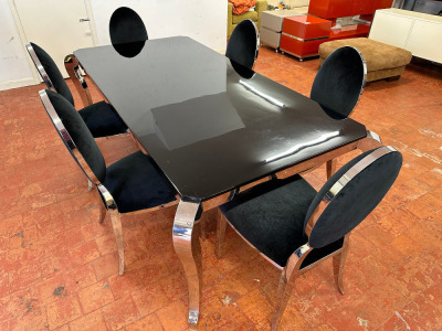 Chairs Ltd Set of Dining Table & 6 Chairs in Polished Chrome & Black Glass with Oval Backed Velour Fabric Chairs. Table Size H76 x W205 x D100cm.