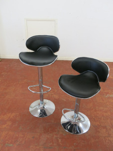 Pair of Chrome & Black Faux Leather, Height Adjustable Stools with Foot Rest. NOTE: 1 x damaged ram.