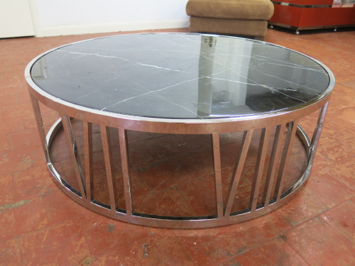 Chrome & Black Marble Top, Roman Numeral I-X, Round Coffee Table. Size H33 x Dia105cm.