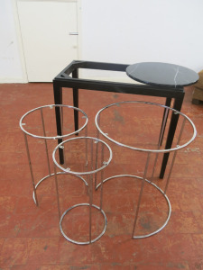 5 x Assorted Items to Include: Nest of 3 Chrome Side Tables (No Tops), Round Marble Top, Dia48cm (No Base) & Black Wood Side Table, H70 x W80 x D45cm (No Top) As Viewed/Pictured.