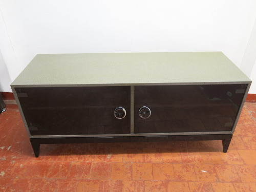 Heavy Wood Snakeskin Effect Smoked Glass 2 Door TV Cabinet with Chome Handles. Size H65 x W150 x D50cm.