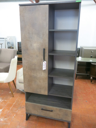 Caploonba' Single Door Cupboard with 5 Open Shelves and Draw Under. Wood Effect with Metal Feet. Size 185 x 78 x 40cm.