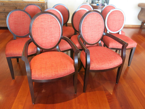 Set of 10 Griffiths Woodwear Ltd, Red Fabric Oval Backed Padded Dining Chairs with 2 Matching Carvers.