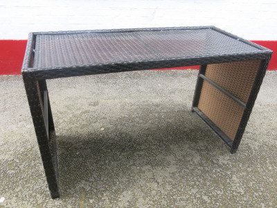 Brown Rattan Outoor Table (Missing Glass Insert). Size H75 x W155 x D55cm.