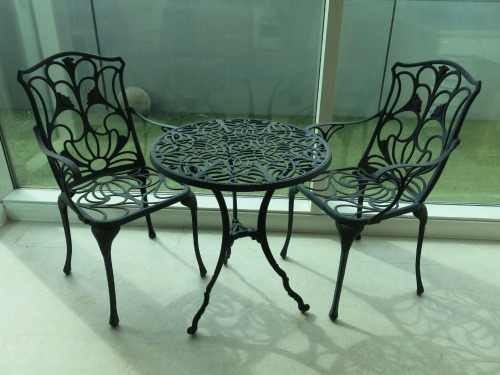 Black Cast Effect Outdoor Round Table (Dia 60cm) & 2 Matching Chairs.