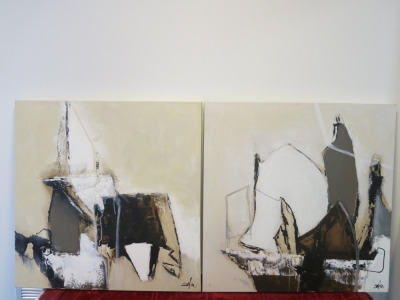 Pair of Original Abstract Acrylic on Canvas Artworks, Signed by Artist 'Sofie' in Browns, Creams & White. Size 70 x 70cm.