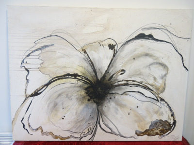 Original Absract Mixed Media on Canvas Artwork, Signed by Artist 'Freya' Titled 'Pavot' Depicting Flower in Browns, Creams & White. Size 90 x 120cm.