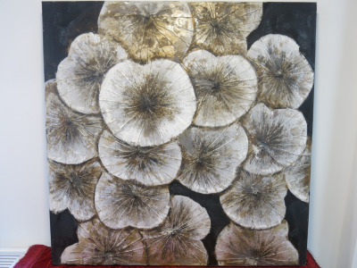 Mixed Media on Canvas Artwork with Round Leafs in Silvers, Browns & Black. Size 100 x 100cm.