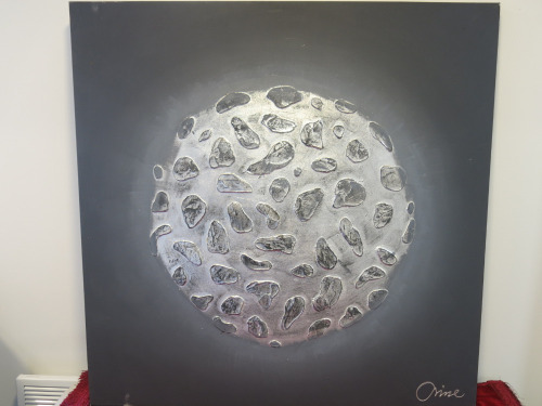 Original Mixed Media on Canvas Artwork, Signed by Artist 'Oilne' Titled 'Pattern 32' Depicting Moon in Silver. Size 100 x 100cm.