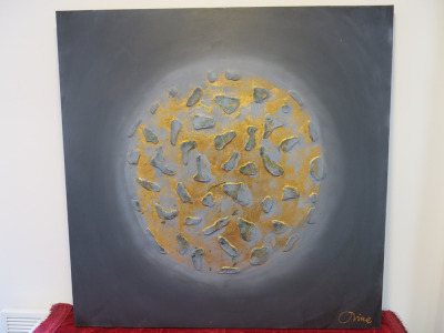 Original Mixed Media on Canvas Artwork, Signed by Artist 'Oilne' Titled 'Pattern 7' Depicting Moon in Gold. Size 100 x 100cm.