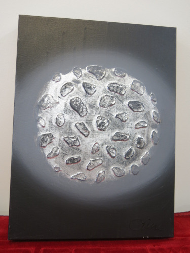 Original Mixed Media on Canvas Artwork, Signed by Artist 'Oilne' Titled 'Metallic 2ass' Depicting Moon in Silver. Size 30 x 40cm.