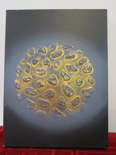 Original Mixed Media on Canvas Artwork, Signed by Artist 'Oilne' Titled 'Metallic 2ass' Depicting Moon in Gold. Size 30 x 40cm.