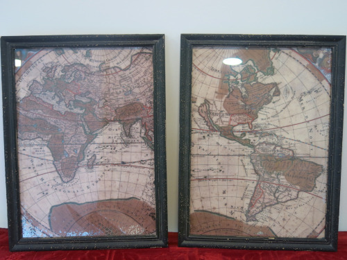 Pair of Framed & Glazed Old World Map Prints. Size 54 x 40cm.