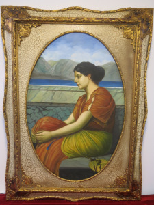 Guilt Framed, Canvas Artwork of Lady in Front of Sea & Mountains. Size 114 x 83cm.