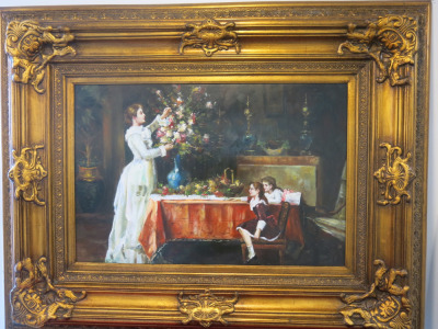 Guilt Heavy Frame, Canvas Artwork with Mother & Children Arranging Flowers. Size 113 x 143cm.