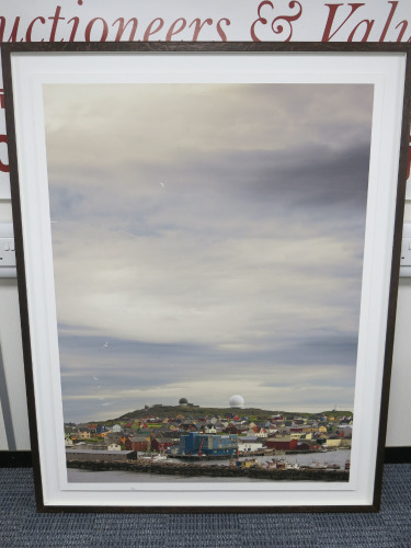 Andrea Jarvis Hamilton Artwork, Framed & Mounted of 'Small Scandinavian Town with Radar Domes' Signed by Artist Limited Edition 2/6. Overall Size 142 x 111cm. NOTE: Signs of damage to artwork as pictured/viewed.