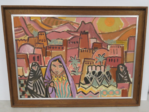 Original Framed & Mounted Artwork by Artist Gerald Meares of Middle Eastern Ladies & Town. Signed by Artist. Overall Size 70 x 52cm.