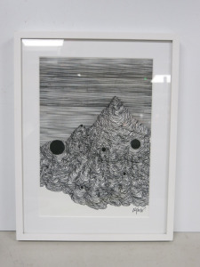 Framed, Glazed & Mounted Artwork Signed by Artist Alparbo of Black & White Hill with Holes. Overall Size 41 x 31cm.