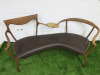 Cecotti Collezioni D.R.D.P (Double Dream of Spring) by Designer Roberto Lazzeroni, 2 Seater Bench Seat in Walnut with Leather Seat & Brass Centre Rest. 
NOTE: requires repair to back right frame as pictured. - 2