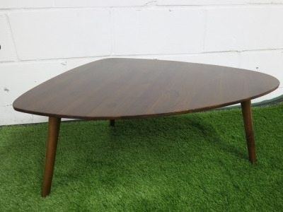 Habitat Joyce Acacia Occasional Kidney Shaped Coffee Table, Size H35 x 83 x 59cm. NOTE: leg repair as pictured, seems structurally sound but requires touch up to finish.