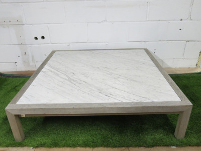 Roda Outdoor Marble Top Table on Teak Wood Base. Size H28 x 110 x 110cm. NOTE: crack as pictured.