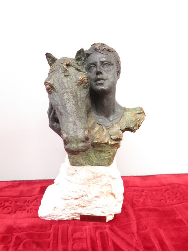 Bronze Statue of a Lady Cradling a Horses Head on Stone Effect Base. Signature As Pictured. H30cm.