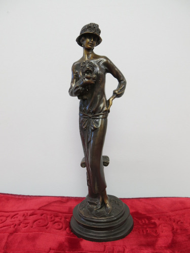 Bronze Statue of 1920's Lady Holding a Scotty Dog. H35cm.