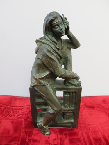 Bronze Statue of Girl Sitting on a Wall Holding a Mobile Phone. H30cm.
