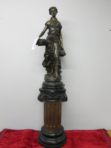 Bronze Statue of Barefoot Lady Carrying Fruit Baskets of Grapes on Bronze Plynth. H133cm.