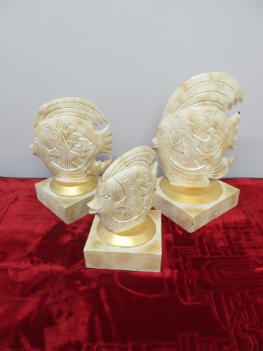 3 x Stone Angel Fish on Plynths. Sizes - Small (24cm), Medium (30cm) & Large (36cm).