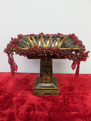 Ornate Fruit Bowl with Red Grape Beads Around. Size H34 x 32 x 32cm.