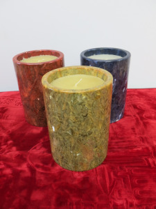 3 x Heavy Composite Marble Candles (1 x Part Unused) in Blue, Red & Mustard. Size H22cm x 16cm Dia. NOTE: slight chip to red candle.