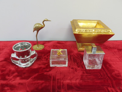 5 x Decorative Items to Include: Brass Stork, Square Glass Pot with Brass Bird, Square Crackle Glass Pot with Lid, Silvered Incense/Oil Burner & Gilt Larger Square Pot.