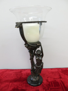 Brass Statue of Bare Breasted Lady Holding Glass Bowl with Large Candle. H53cm.