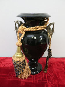 Black/Glass Vase with Brass Bird Detail Handles & Braded Gold Rope with Large Tassell. Size H38 x 20cm Dia.