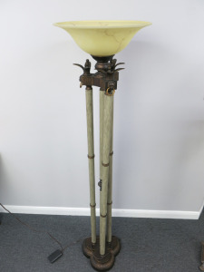 4 Column Heavy Brass Standard Lamp with Lion Detail & Opaque Glass Bowl Shade. H173cm.