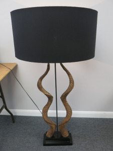 Table Lamp with Two Kudo Carved Wood Horns and Large Black Shade. Size H125 x 60cm Dia.