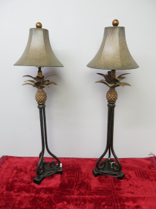 Pair of Brassed Metal Table Lamps with Pineapple Detail & Matching Shades. H95cm.