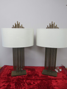 Pair of Brassed Table Lamps with 12 Hanging Bars & White Oval Shades. H84cm.