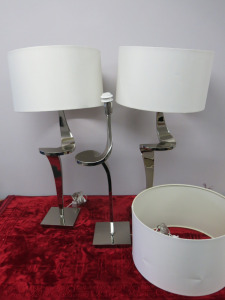 3 x R.V.Astley Enzo Nickel Table Lamps with White Shades. H80cm. NOTE: 1 requires new bulb fitting.