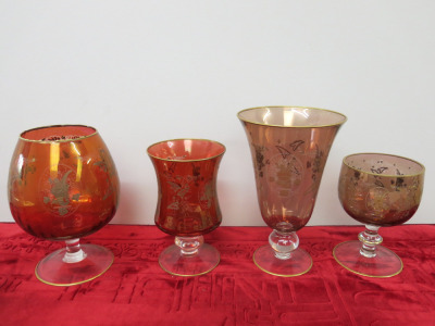 4 x Etched Coloured Glass Vases with Gold Detail. Tallest H25cm.